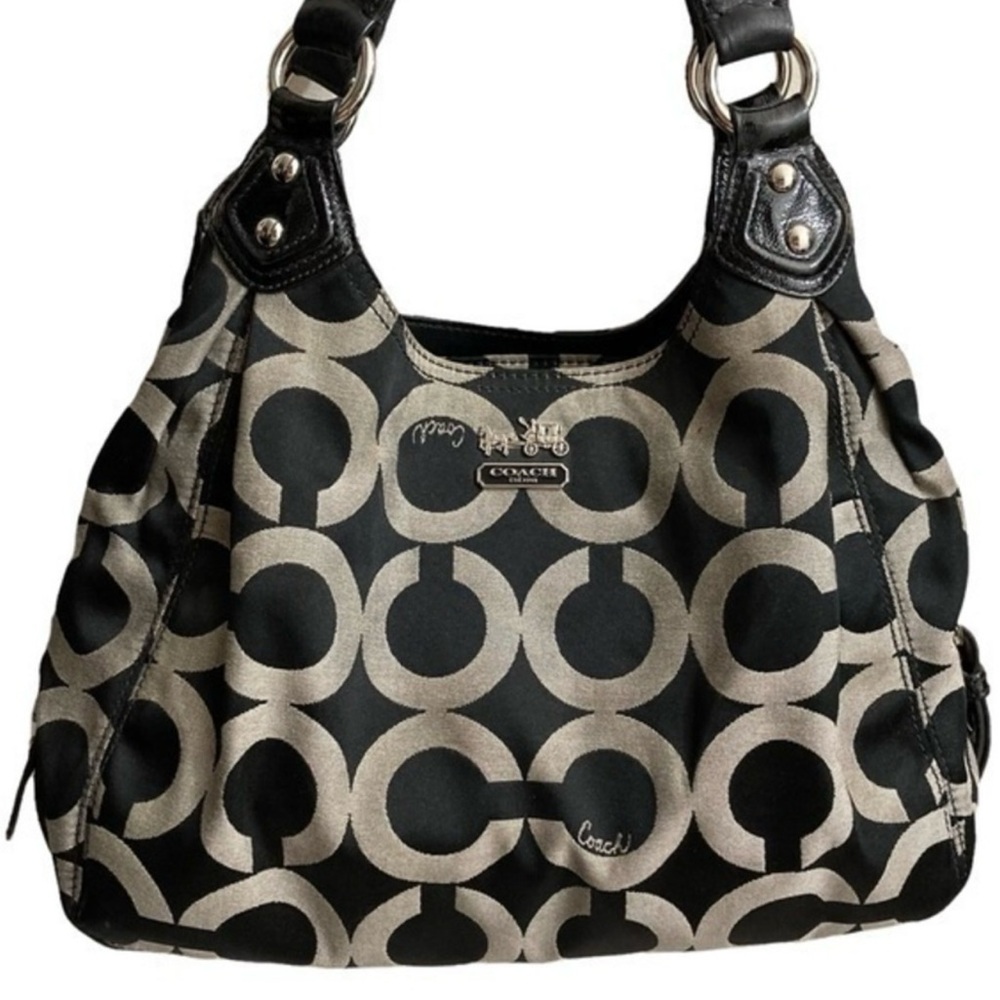 Coach Maggie Madison Signature C’s Shoulder Bag Black Gray, Purple Lining